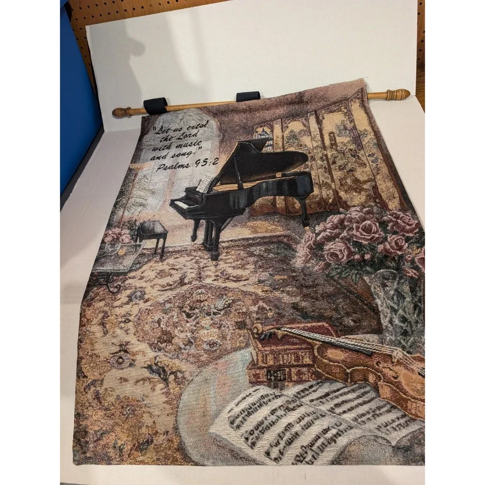 Vintage Christian Music Room Wall Hanging Tapestry Piano Psalm 95:2 USA 26x36